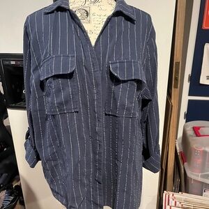 Navy Striped women’s button down Shirt